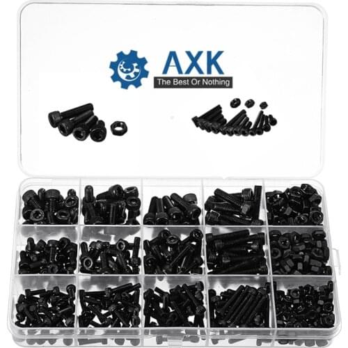 AXK 500Pcs/box Black M3/M4/M5 12.9 Grade Carbon Steel Hex Socket Head Cap Screw Nuts Furniture Fastener Assortment Kit
