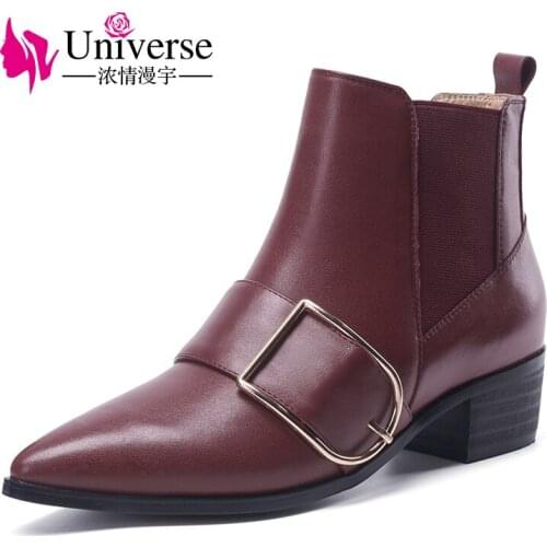 Universe big buckle decorated chelsea boots women med heel pointed toe shoes genuine leather boots G299