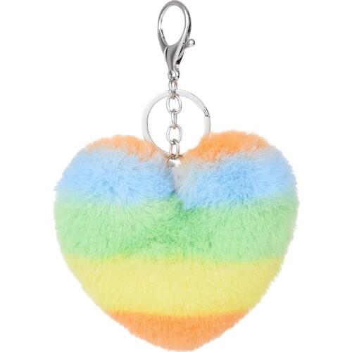 Rainbow Heart Pompoms Keychain Cute Plush Balls Key Chains Decorative Pendant for Women Bag Accessories Keychains Car Girl Gift