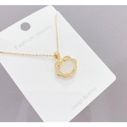 Korean Trendy Ethnic Style White Chalcedony Safety Lock Necklace Clavicle Chain Female Hip Hop Longevity Lock Pendant Jewelry