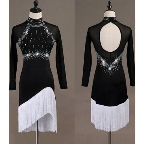Black Latin Dance Dress Women White Fringe Long Sleeve Dress Party Singer Dancer Professional Competitive Latin Dress VDB115