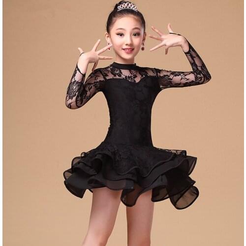 Children Latin Dance Dress Ballroom Baby Girl Tutu Lace Black Red Design Stage Clothing Kids Salsa Samba Dance Costume 120-160CM