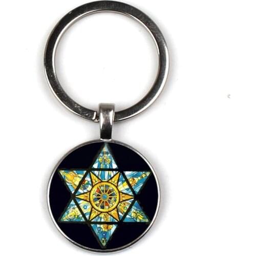 Magen Star Of David keychain Geometry Pentagram Art Glass Pendant Jewish Shield Symbol Long keychain