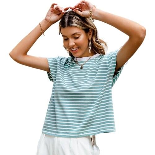 Summer Casual Women Short T-Shirt DA O-Neck Bat Sleeves T Shirts High Street Office Lady Basic Tops Fashion Striped Loose Tees