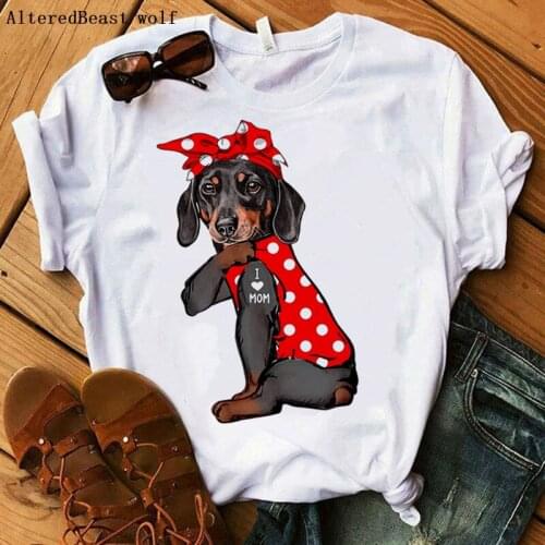 Dachshund I Love Mom T-shirt Women Summer Funny Dog Bandana Mama T shirt White Hip Hop 2021 short sleeve Tshirt Clothes