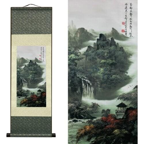Chinese Style Ink Silk Scroll Painting Silk Reel Rolling Wall Hanging Art for Wall Picture Decoration (39 in x 12 in)