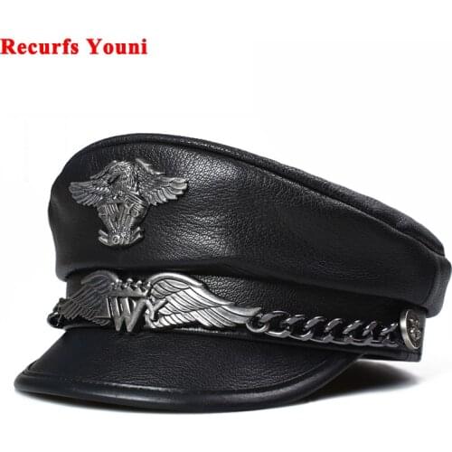 Exclusive German Military Cap Man Genuine Leather Flat Top Hat Korean Fashion Eagle Mark Chain Punk Locomotive Casquette Male
