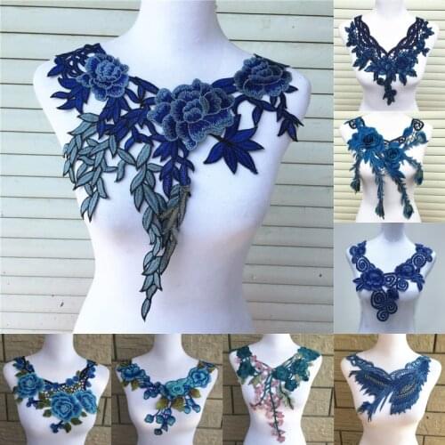 1pc Blue Series Lace Neckline Collar Flower and Heart Venise Lace Applique Trim, Lace Fabric Sewing Supplies Scrapbooking