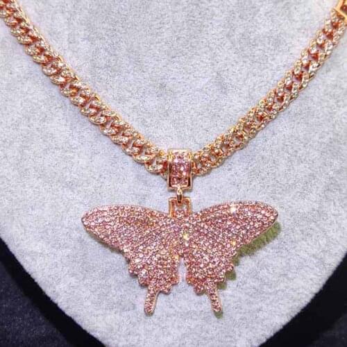 Hip hop Bling CZ Butterfly Pendant Jewelry Miami Cuban Chains Necklaces Rapper Girls Rope Joyas Accessories Male Gifts