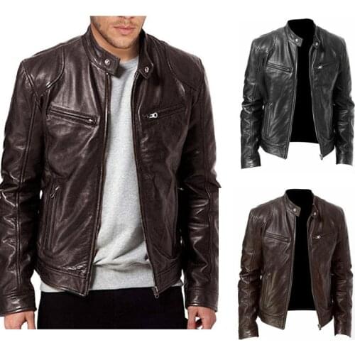 2020 Autumn New Mens Casual Fashion Stand Collar Slim PU Leather Jacket Solid Color Leather Jacket Men Anti-wind Motorcycle