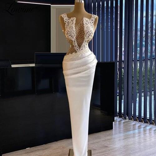 Lowime White Beaded Pearls Evening Gown Arabic Party Dresses Middle East Plus Size Women Formal Evening Wear Robes Dubai Prom