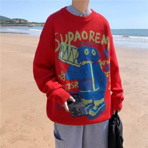 Mens Knitted Sweater Round Neck Cartoon Pullover Mens Loose Tide Brand Autumn Lovers Harajuku Sweater Korean Fashion Clothing