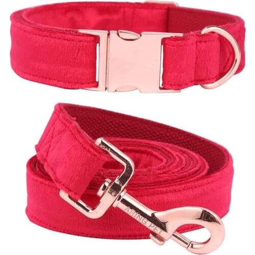 Velvet Dog Collar and Leash Set Soft & Comfy Adjustable Collars for Pet Dog Walking Red