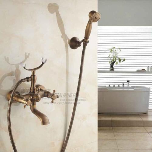 Bathroom Shower Faucet Set Wall Mounted Antique Copper Phone Style Ceramic Handheld Shower Single Handle