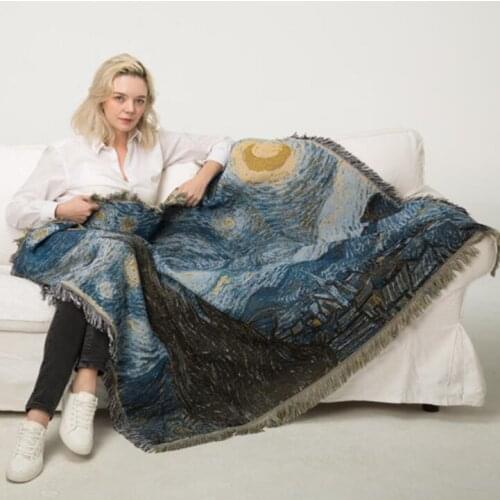 NEW Art Starry Sky Print Sofa Blanket Abstract Painting Blanket Bedspread Knit Sofa Towel Carpet Tassels Tapestry Women Shawls