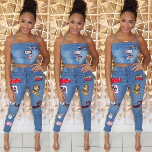 New hollowed-out Pencil jumpsuit womens Pants Casual Slim Ladies Sexy sporswear Bodycon Blue Women suits Two Pieces Set