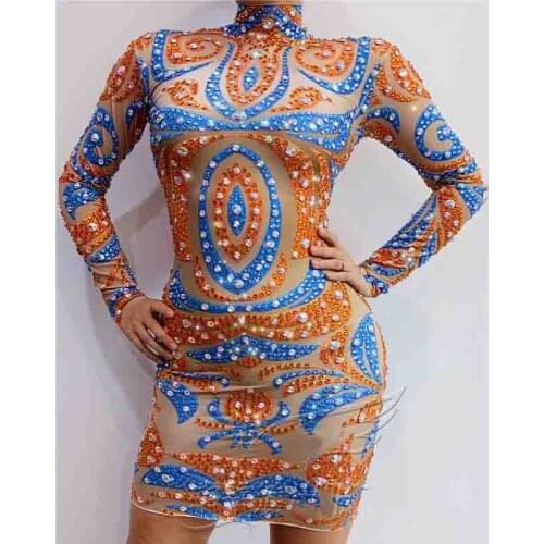 Orange Blue Rhinestones Spandex Short Dress Jazz Birthday Celebrate Prom Party Costumes Evening Women Dancer Show Set XS1422