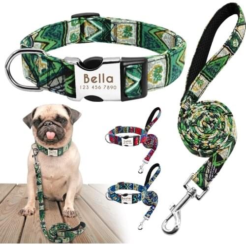 Fashion Print Custom Pet Dog Collar Leash Set Personalized Dog Collars and Leash Engrave Name Lead for Small Medium Large Dogs