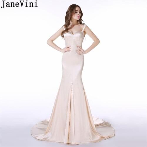 JaneVini Light Champagne Beaded Long Bridesmaids Dresses For Wedding Party For Woman Pearls Mermaid Backless Prom Gala Gown 2018