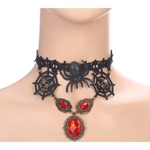 Hollow Black Lace Skeleton Necklace Spider Web Pendant Charm Statement Chokers Halloween Women Fashion Jewelry