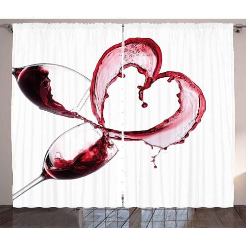 Wine Curtains Heart with Spilling Red Wine in Glasses Romantic Love Valentines Day Concept Living Room Bedroom Window Decor