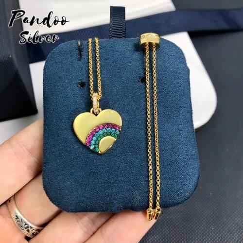 High Quality S925 Sterling Silver Jewelry 1:1 Copy,Yellow Silver Rainbow Heart Adjustable Necklace For Women GiFT With Logo