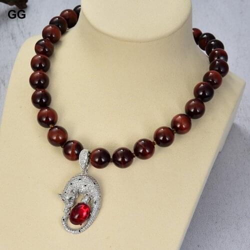 GuaiGuai Jewelry 18" Natural Round Red Tiger Eye Necklace CZ Pendant