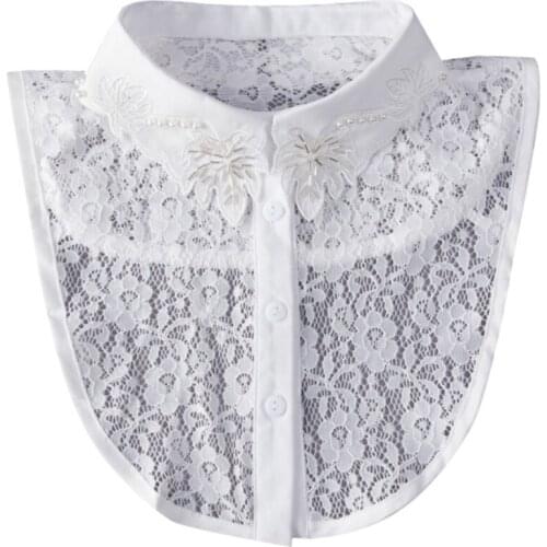 Women Lace Lapel Half Shirt Embroidery Leaves Pearl False Collar Dickey Blouse