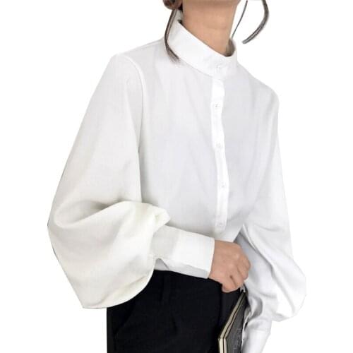 Vintage Big Lantern Sleeve Blouse Women Spring Autumn Single Breasted Stand Collar Shirts Office Work Blouse Solid Blouse Shirts