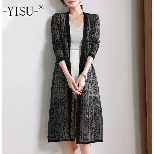 YISU New Women Long section Cardigan Solid color V-Neck Middle sleeve Coat Long sleeve Casual Female Hollow out Transparent Tops