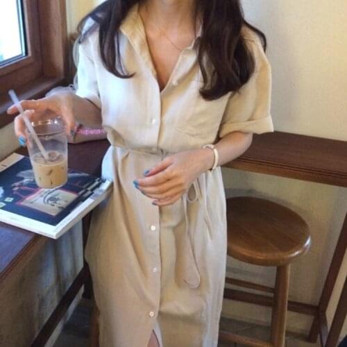 New 2021 Women Summer Shirt Dress Single Breasted Oversize Korean Style Vintage Split Lace Up Lady Long Dress