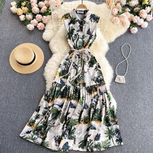 Korobov Office Lady Single Breasted Sleeveless Women Dress 2021 New Korean Eleagnt Print Chiffon Resses Sweet Vest Vestidos