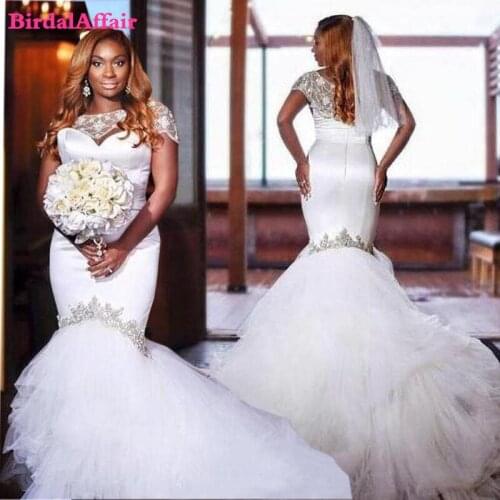 New Style Cap Sleeves Pure White Mermaid African Wedding Dresses 2021Tulle Sweep Train Beaded Bridal Gowns Vestidos de novia