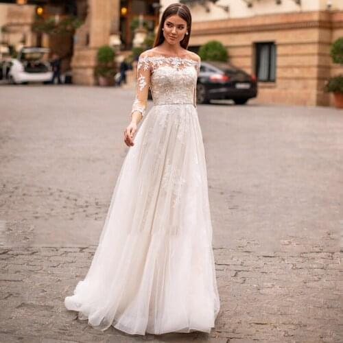 Bohemian Wedding Dresses 2021 Off The Shoulder 3/4 Sleeves Appliques Lace Bridal Gowns Floor Length Sweep Train Robe De Mariee