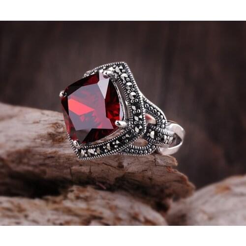 Genuine 925 Square Garnet Rings for Women Vintage Thai Silver Gemstones Open Rings 925 Silver Marcasite Fine Jewelry