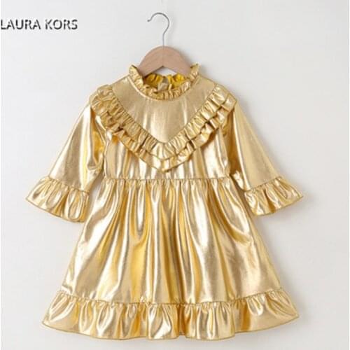 Winter 2020 Girls Dress Baby Girls Cute Dress Long Sleeve Ruffles Golden Solid Cute Girl Dress Vestido 2-6T