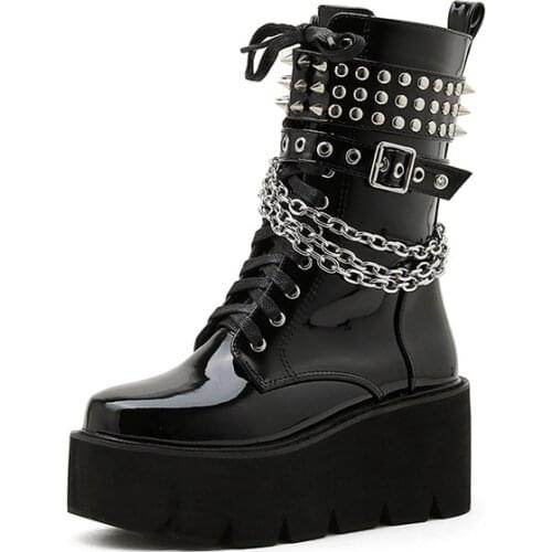 N16 Winter Womens Boots with Velvet Thick Soles and High Heels Martens Black Joker Chain Locomotive British Short Wool Booties