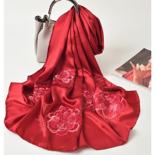 100% Pure Silk Scarf Women Luxury Brand Hand Embroidery Foulard Femme Natural Hangzhou Silk Shawls and Wraps Red Satin Scarf