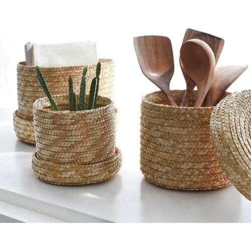 3 Pcs/Organizer Storage Box Laundry Baskets Rattan Storage Flower Baske Set Handmade Straw Woven With Lid Snack Storage Basket