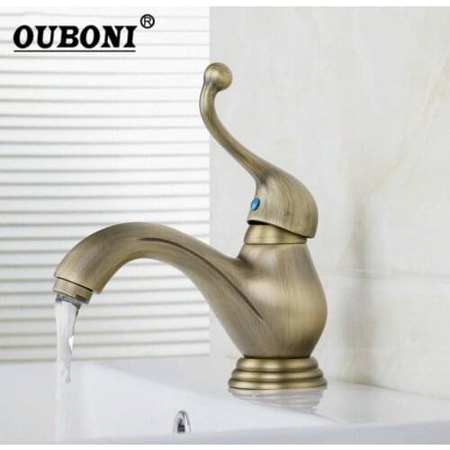 OUBONI Antique Brass Bathroom Faucet 1 Handle Spray Spout Brass Body Deck Mount Wash Basin Sink Vessel Torneira Tap Mixer Faucet