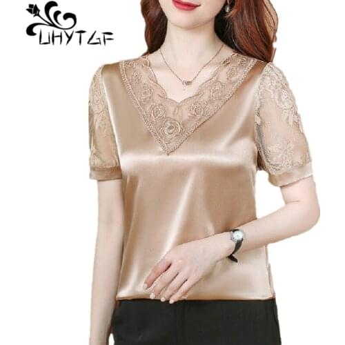 UHYTGF Fashion Silk Women Blouses Top New V-Neck Lace Stitching Embroidered Summer Shirt Female 4XLPlus Size Blouses Blusas 2106