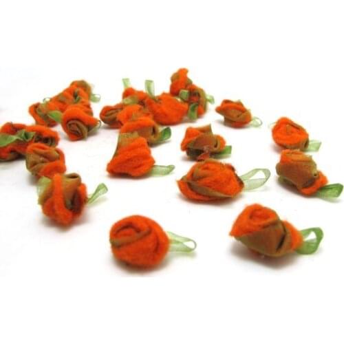15 Pieces Orange Acrylic Felt Rolled Flower Buds|With Leaf Loop|Glued|Floral Empplique|Rosette Flowers|Rose Buds|Flower Decor