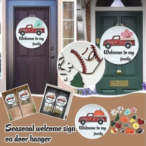 Wooden Welcome Sign For Front Door Cartoon Decorative Round Hanging Decoration For Home Welcome To My Family 11.8inch Для Дома