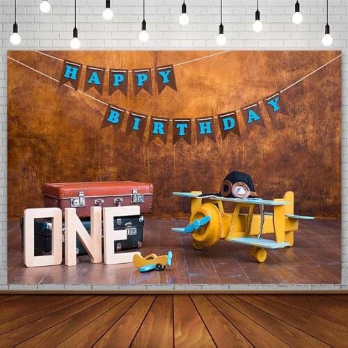 1st Happy Birthday Party Backdrops Airplane Pilot Travel Suitcase Boy Photography Backgrounds Photo Studio Plank Photozone Decor