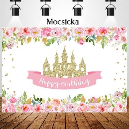 Gold Castle Birthday Backdrop Blush Pink Roses Princess Girls Birthday Photography Background Cake Table Decorations Banner