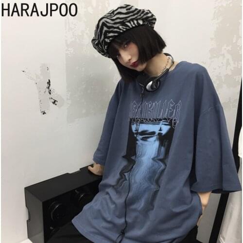 Harajpoo Women T-Shirt 2021 Summer Korean INS Trendy Hip-Hop Dark Wind Letter Funny Print Couple Wild Short-Sleeved Pullovers