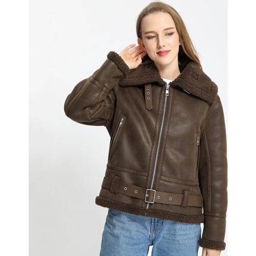 Janefur Double Face Sheepskin Fur Coat Fashion Sheep Fur Jacket Warm Motorcycle Fur Jacket For Women