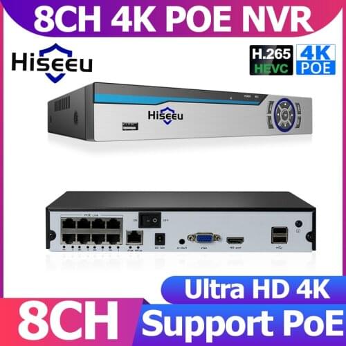 Hiseeu 8MP POE NVR POE 4K 8CH Audio ONVIF CCTV Camera Surveillance System Home Security Camera Video Recorder for POE IP Camera