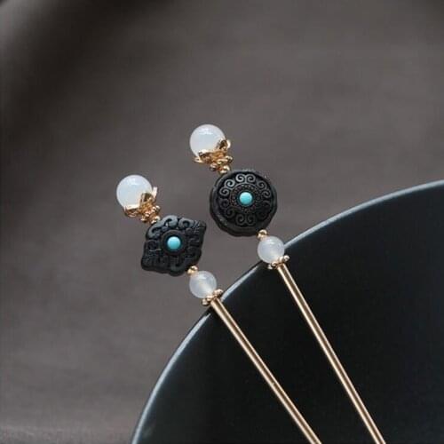 Classical Carved Ebony Flower Long Hairpin Stick Metal Hair Pins Accessories Women Banquet Hair Jewelry with Stone Beads