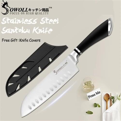7'' inch High Carbon Steel Santoku Knife Kitchen Chef Knife Meat Salmon Sushi Fish Fruit Cutting Knife Cooking Slicer With Cover